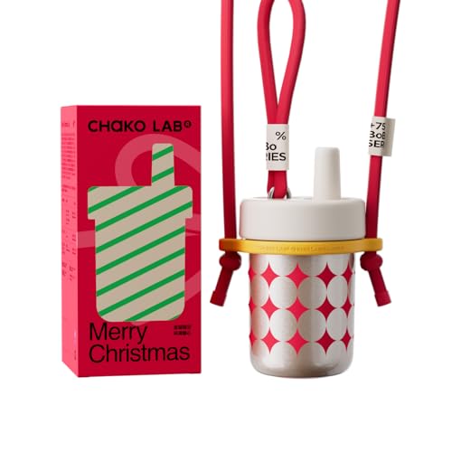 CHAKO LAB Christmas Kids Water Bottle with Carrying Rope and Straps | Vacuum Insulated Stainless Steel 16oz for School and Trvels | Two Travel Carrying Options | Starlight Red & White