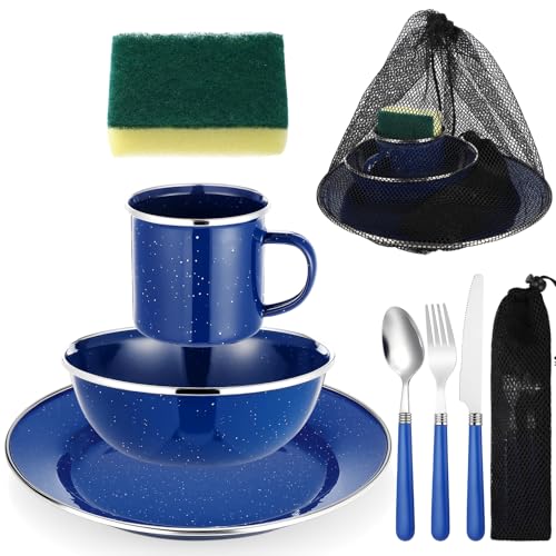 LemonRoad 9 Pcs Camping Enamel Plates Cups and Bowls Set Camping Mess Kit, Enamel Bowl Mug Plate Knife Fork Dishwashing Sponge Utensil Bags Storage Straps Lightweight Tableware for Backpacking Hiking