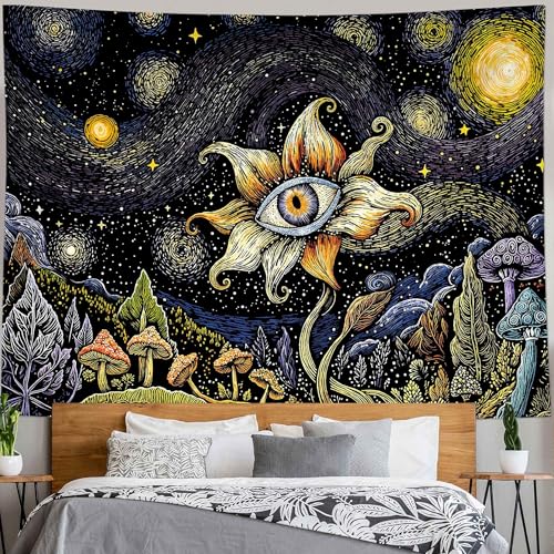 Yeoiat Tapestry Cosmic Flower Tapestries Mushroom Landscape Wall Hanging Starry Night Visionary Botanical Art Decor Bedroom Dormitory 90"x70" 90"L x 70"W Blue Mushroom