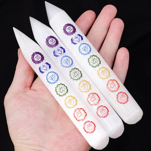 Runyangshi 1Pcs Chakra Selenite Stick 6", Engraved with 7 Chakra Symbols for Meditation, Energy Healing, Spiritual Balanc