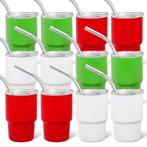 Whaline 12 Pack Christmas Mini Tumbler 3oz Mini Shot Glass Xmas Red Green White Stainless Steel Insulated Sublimation Cups with Lids Straws for Holiday Birthday New Year Party