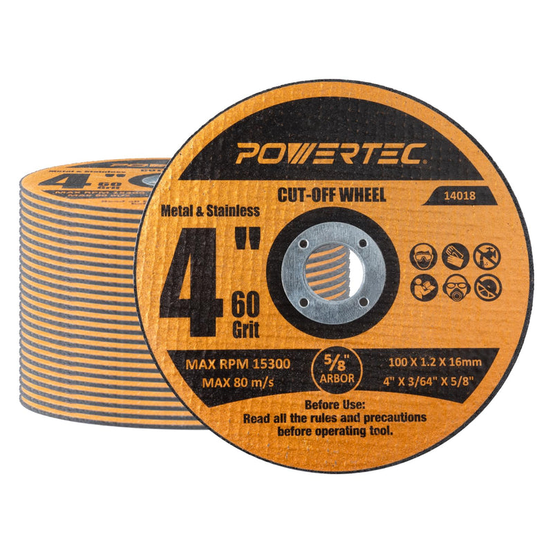 [Australia - AusPower] - POWERTEC 4" Cut Off Wheels 25 Pack, 1/16" Thick with 5/8" Arbor, Metal & Stainless Steel Cutting Wheel for Angle Grinder, Iridium-Coated Aluminum Oxide 60 Grit (14018) 4" Cut Off Wheels 1/16" Thick, 5/8" Arbor 
