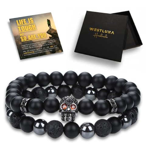 Mens Beaded Bracelets, Cross Bracelet for Men with Hematite Black Obsidian Lava Stone Triple Protection Bracelets for Men Small Skull