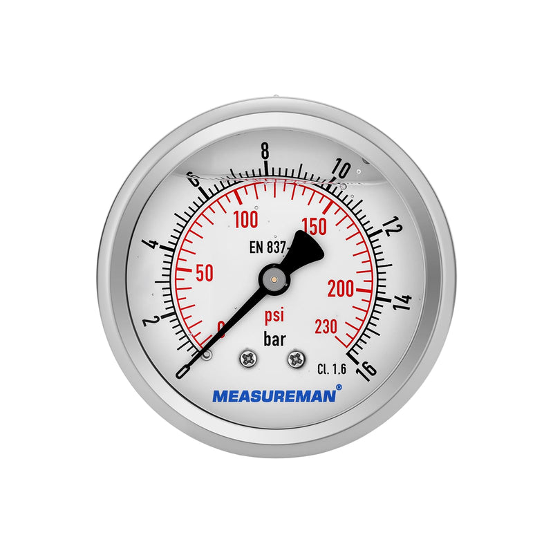 Pressure Gauge, Glycerine Filled Pressure Gauge, 63 mm Dial, 0-16bar, 304 Stainless Steel Case, G1/4 Rear Connection