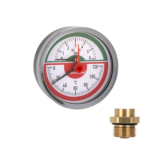 Thermal Pressure Gauge, 80 mm Dial, 0-6 Bar/120°C, Black Steel Case, G1/2 Rear Connection