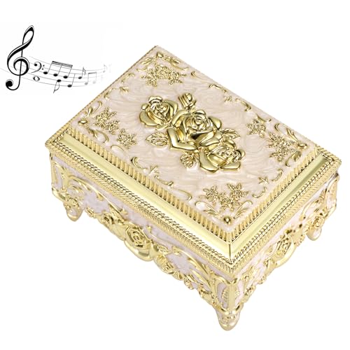 ELLDOO Vintage Music Box, Beige Metal Musical Jewelry Box Keepsake Box, Small Trinket Jewelry Storage Box Gift for Girl Women (Tune: You are My Sunshine), Gold Rose Pattern