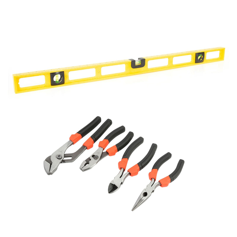 [Australia - AusPower] - Mayes Polystyrene 3 Foot Level, 4-Piece Pliers Set, 36 Inch Level Made in the USA, Includes 6-In Long Nose, Contractor, Plumber, and Carpenter Tools, Impact Resistant Frame 