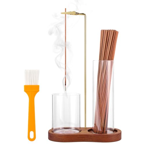 2 in 1 Incense Holder for Sticks with Glass Ash Catcher, Upside Down Anti-Ash Incense Stick Burner for Outdoor Patio, Modern Vertical Incense Holder for Home Decor, Spa, Meditation and Reddish Brown Figure-8 1 Pack-Round