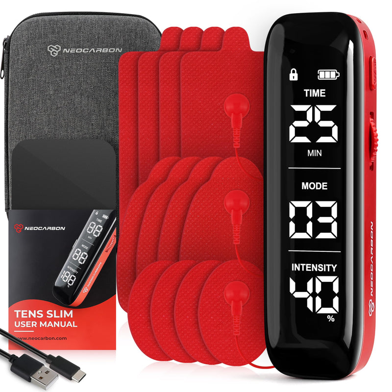 NEOCARBON TENS Unit Muscle Stimulator Slim for Pain Relief, Physical Therapy & Muscle Recovery, Portable EMS Pulse Massager Machine for Back, Neck & Shoulder Pain, Red