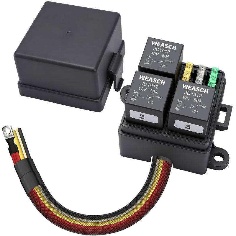 [Australia - AusPower] - 12V 3 Way Pre-Wired Fuse Relay Box, 4-Pin 80A Relay Block and Kit, 3 Relays and 3 ATC/ATO Blade Fuses, for Cars Truck Jeep 80A 3 Relay 3 Fuses 