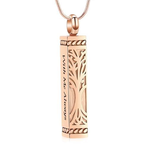 Bar Tree of Life Cremation Jewelry Urn Necklace for Human Ashes for Women Men With Me Always Cube Memorial Ashes Keepsake Pendant Rose Gold
