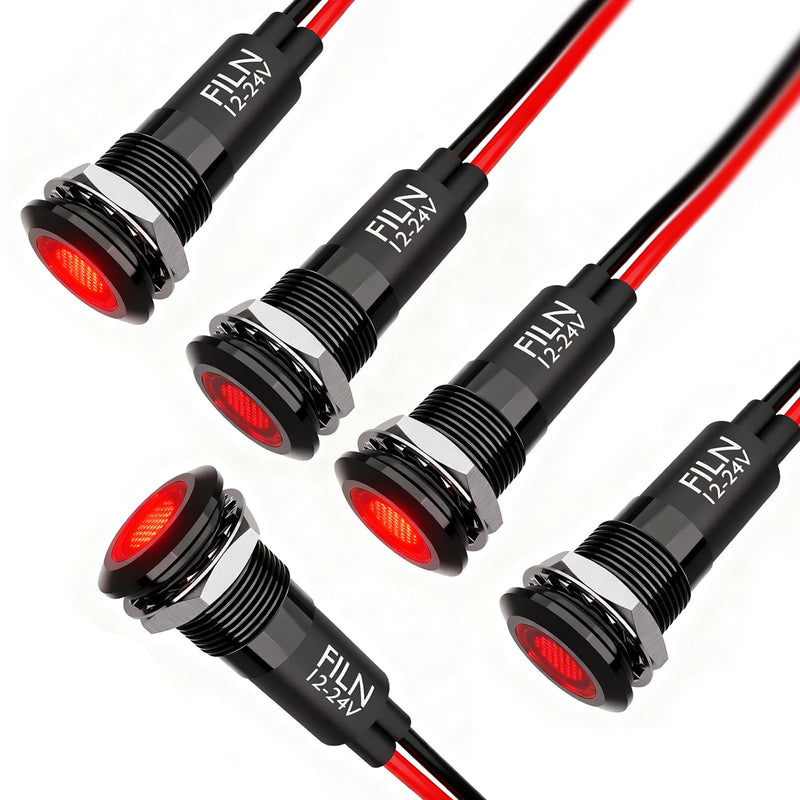 LED Metal Indicator Light 12mm (1/2 Inch) 12-24V DC Signal Lamp Red Pack of 5 | Indicator Light Metal Housing IP67 Waterproof Zinc Aluminum Alloy for Control Cabinet Car Vehicle Workshop Industry Red-12mm