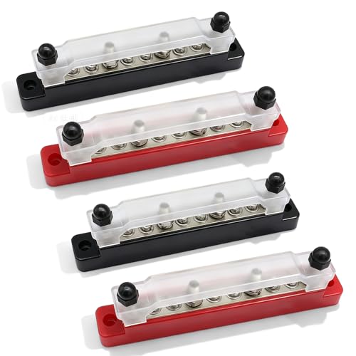 Pack of 4 Busbar Distribution Block, 12V-48V DC Power Distribution Block with Cover, 150A Busbar Block with 6 x M4 & 4 x M6 Terminal Bolts, Bolt Power Distribution for Car, Yacht, RV (Black Red)