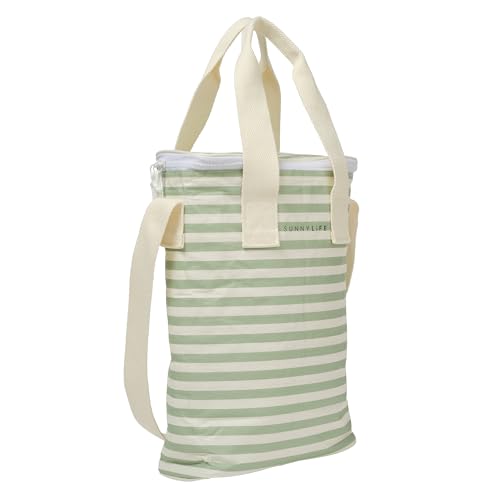 SUNNYLiFE Light Cooler Drinks Bag, Sea Sage Stripe, PP/PEVA/EPE Material, 13.39 x 9.45 x 4.33 inches, 0.73 lbs, Insulated, Collapsible, 8L Capacity, Includes Freezable Gel Ice Pack