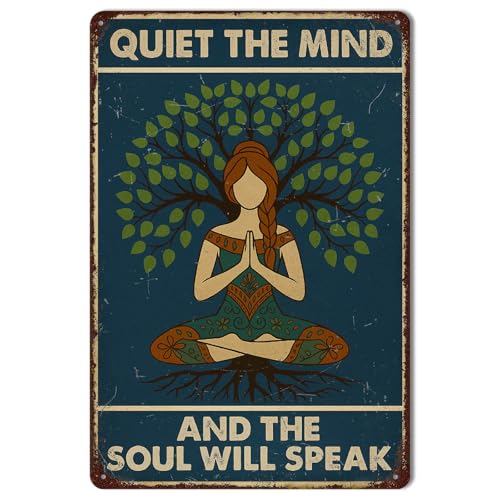 Meditation Wall Art Metal Tin Sign – Zen Decor and Yoga Wall Decor with “Quiet the Mind and the Soul Will Speak”, Spiritual Wall Art and Mindfulness Gift for Women, Yoga Studio, Meditation Room, or Home, 8x12 Inch