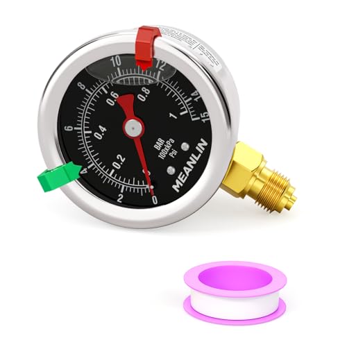 MEANLIN MEASURE 0~1Bar/0~15Psi Black Pressure Gauge 1/8 Inch BSP 1.5 Inch Dial, Stainless Steel Liquid Pressure Gauge, Lower Mount, WOG Water Oil Air (with 2 Push Buttons) Bottom Mounted (Black)