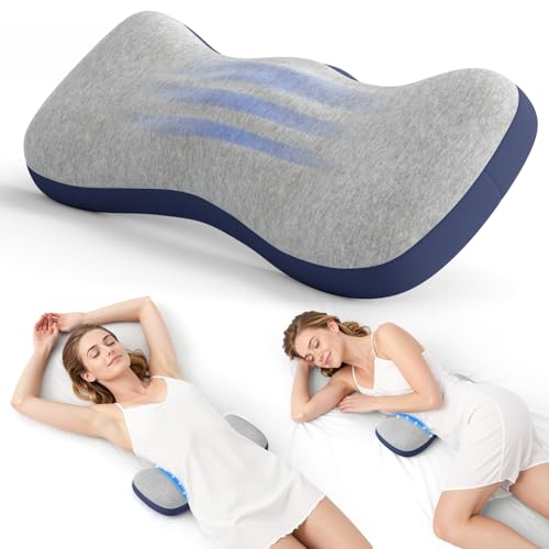 Lumbar Support Pillow for Bed, Memory Foam Pillows for Back Pain Relief, Lower Back Pain Relief Pillow for Sleeping, Adjustable Lumbar Pillow for Sleeping, Bed, Car, Couch (Grey - Navy Blue) Grey - Navy Blue