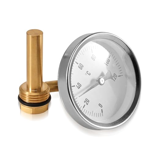 Bimetallic thermometer Ø63 mm 0–120°C with G1/2 connection | With Ø10 mm immersion sleeve for temperature measurement on radiators, heating systems, boilers and hot water pipes