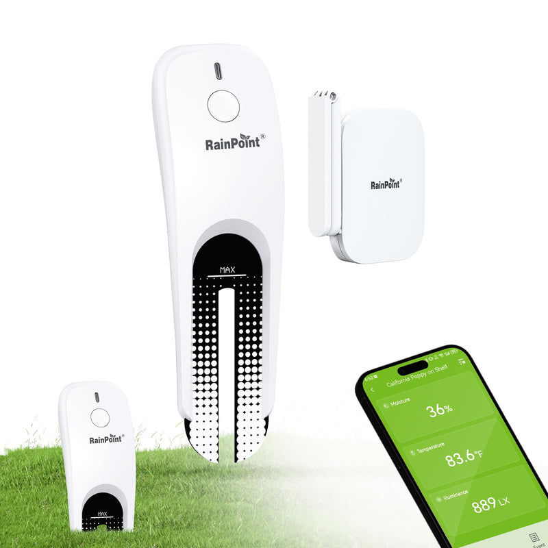 RainPoint 3-in-1 APP Remote Monitoring WiFi Soil Meter for Plant Indoor/Outdoor, Moisture/Air Temperature/Light Intensity Monitor and Custom Alert, IP66 Waterproof Wireless Sensor, 2.4GHz WiFi Support Sensor + Hub White