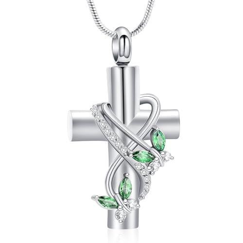 Cross Cremation Jewelry Butterfly Urn Necklace for Human Ashes for Women Men Memorial Ashes Keepsake Birthstone Pendant Silver-Green