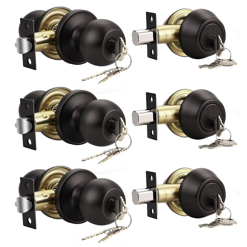 Knobonly Entry Door Knobs and Double Cylinder Deadbolt, Keyed Alike Door Handle Set with Same Keys, Combo Pack for Front Doors-Keyed on Both Side, Oil Rubbed Bronze Finish, Contractor Pack of 3 Set