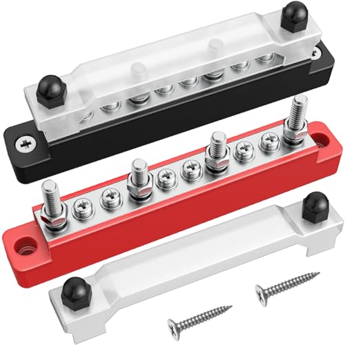 Busbar Distribution Block 12V 150A Power Distributor Pack of 2 | 6 x M4 and 4 x M6 Terminal Bolts, 12 V Distribution Block with Cover, for Car Boat Marine Solar RV DC Copper Set 6 x M4 & 4 x M6 Klemmenbolzen