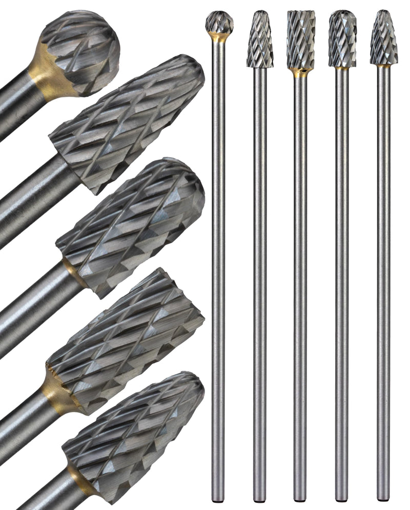 Carbide Burr Set Long Shank 5PCS, 1/8" Shank Tungsten Carbide Rotary Burr Bits for Metal Grinding, Deburring, Carving & Engraving – Die Grinder Drill Attachment for Steel, Aluminum, Wood 1/8 in
