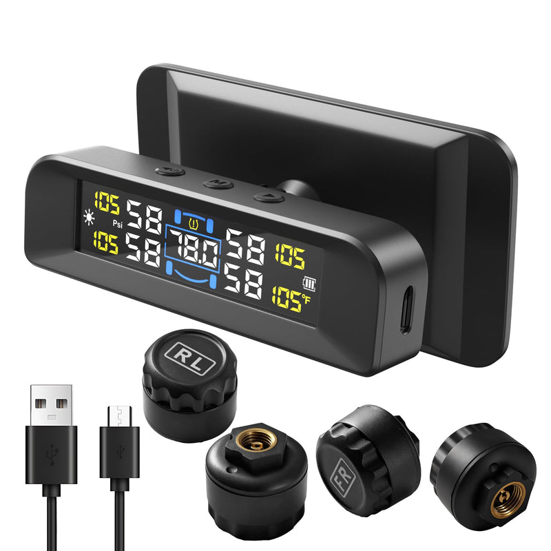 [Australia - AusPower] - 4 Sensors TPMS Tire Pressure Monitoring System, 6 Smart Safety Alerts, Adaptive Bright LCD, Solar/USB Charging, 0-6 Bar/87 PSI, Easy to Intall on Windshield for Car SUV MPV Trailer Truck 4 Sensor 0-87Psi 
