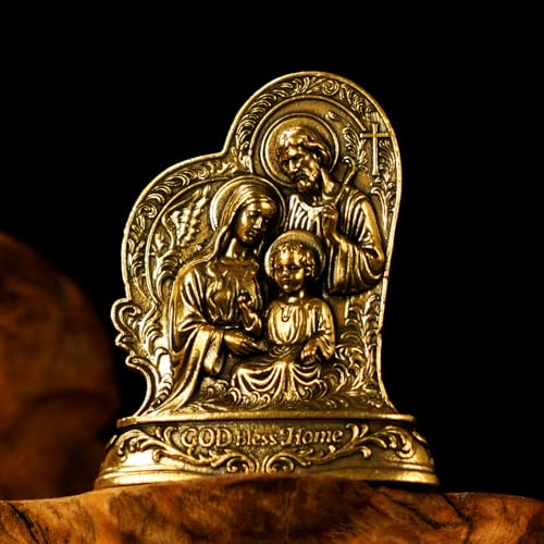 CHOVY Holy Family Statue Solid Brass, 100% Solid Brass Joseph Mary Jesus Figurine, Handcrafted Catholic Desk Ornament for Home & Office, Unique Religious Gift for Baptism, First Communion, Wedding
