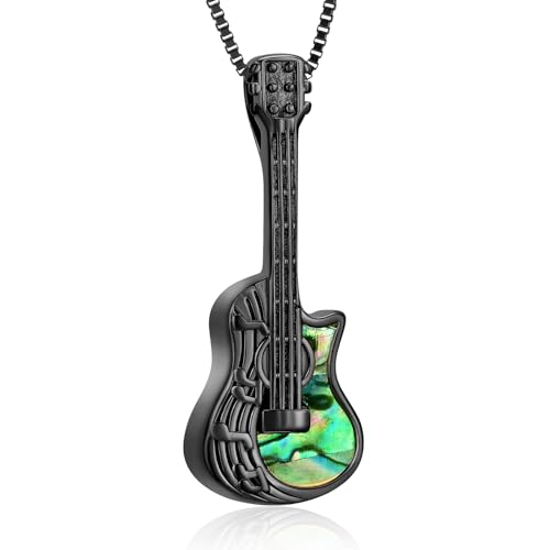 XSMZB Guitar Urn Necklace for Ashes for Women Men Abalone Shell Cremation Jewelry Human Pet Ashes Keepsake Pendant for Guitar Players Black