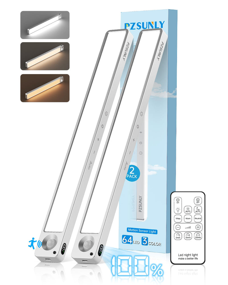 [Australia - AusPower] - 14.2inch Under Cabinet Lighting Wireless,Rechargeable Motion Sensor Light Indoor,3 Colors Dimmable,Magnetic Closet Lights with Remote,Under Counter Lights for Kitchen,Silver 2Pack Silver 