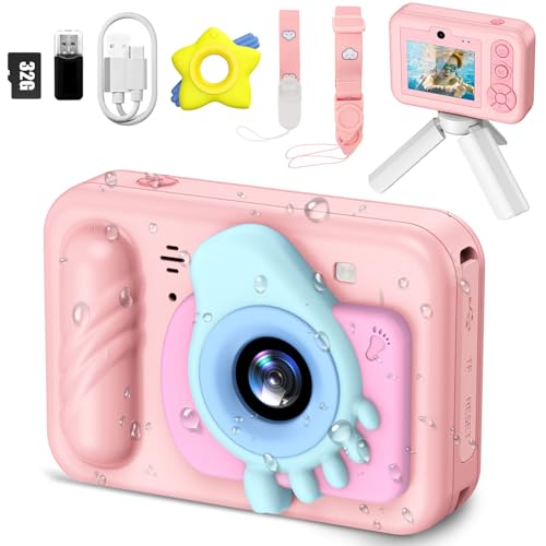 Underwater Camera for Kids - IP68 Waterproof Camera, 48MP Dual Lens, 1080P Video Recording, Toddler Camera for Pool & Beach, Ideal Christmas Birthday Gifts for Boys Girls Age 3-12(Cute Pink) Cute Pink
