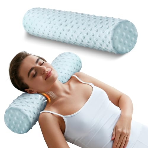 Memory Foam 5" Round Pillow, Cervical Neck Roll Pillow for Pain Relief Velvet Dots Blue 5"H