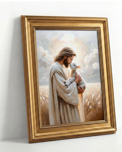 Jesus Christ Holding Lamb Wall Art, Vintage Gold Framed, 12x16 Inch Jesus sheep 16''Lx12''W-Framed