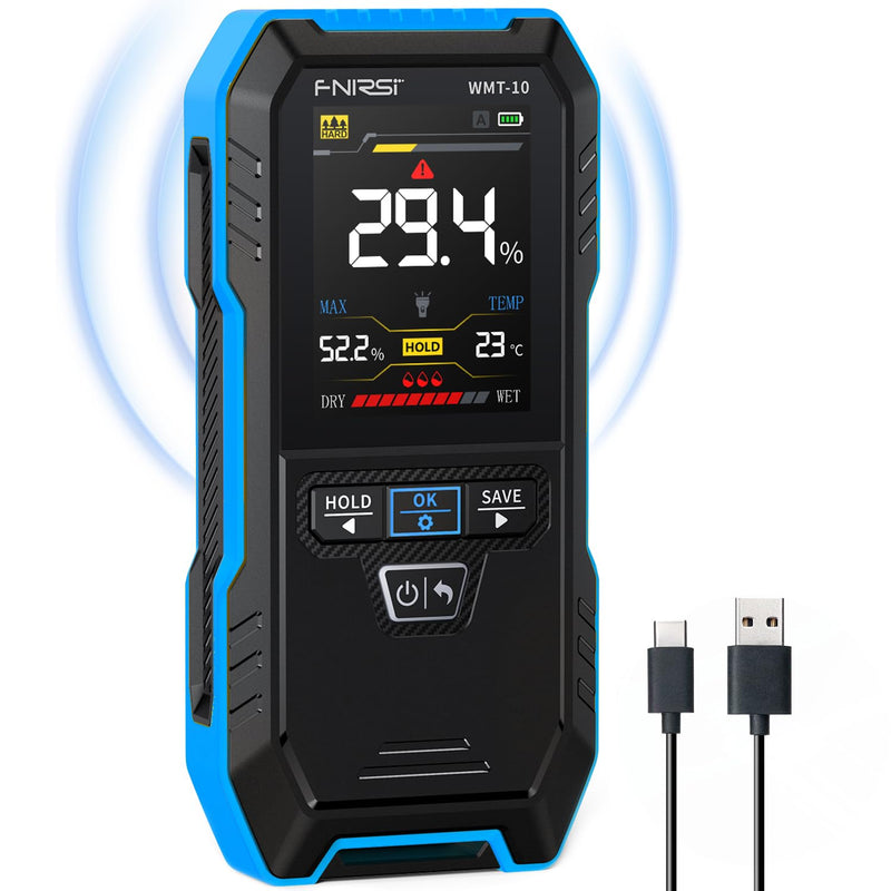 [Australia - AusPower] - FNIRSI WMT-10 Pinless Wood Moisture Meter, Rechargable Moisture Meter for Wood, Wall, Firewood, Support Data Hold and Record, Flashlight, Humidity Detector for Lumber Concrete Building Blue 