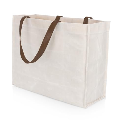 PICNIC TIME beige waxed canvas tote with leatherette handles, reusable grocery bag for shopping and picnics.
