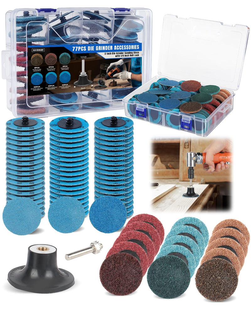 77 PCS 2 Inch Zirconia Sanding Discs, 1/4 Inch Roll Lock Quick Change Disc Accessories for Milwaukee M12 and Dewalt Die Grinders, Surface Conditioning for Paint, Rust Removal and Metal Deburring 77 PCS