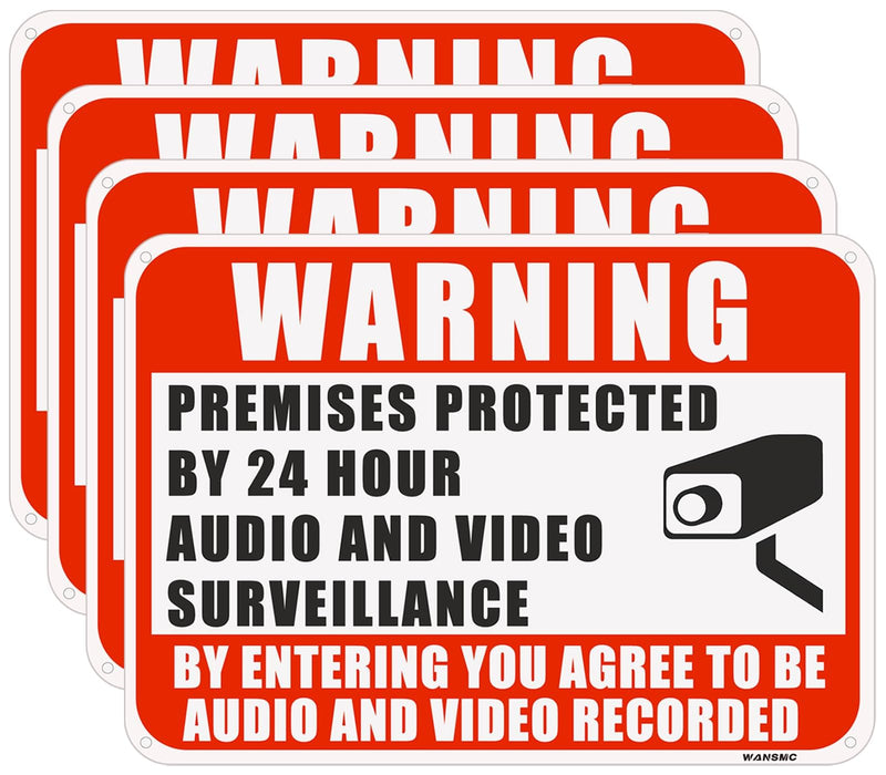 4PC Warning Premises Protected By 24 Hour Audio And Video Surveillance, 10 x 7 Inches - Aluminum - You are Being Recorded Camera In Use Monitoring Signs, Easy to Mount Red 4PC