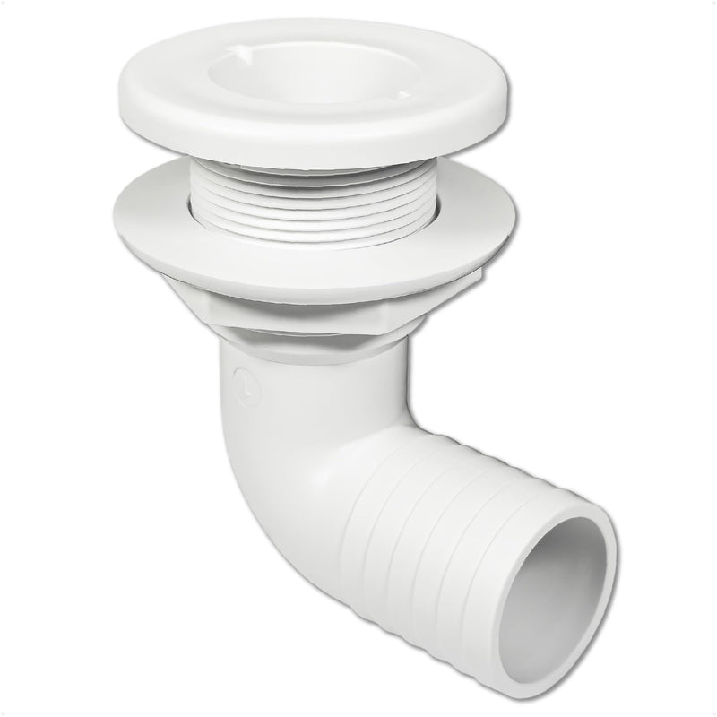Five Oceans 1-1/2" Angled Thru-Hull Fitting - White ABS Plastic, 90-Degree Marine Boat Drain, Durable & Easy to Install for Boat, Pontoon, and Yachts - FO4984 90° (Angled) – 1-1/2" Hose