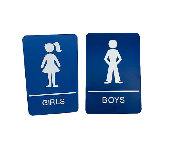 Girls ADA Compliant Restroom Sign - Includes Adhesive Tape and Instructions (Blue, Pair) Blue