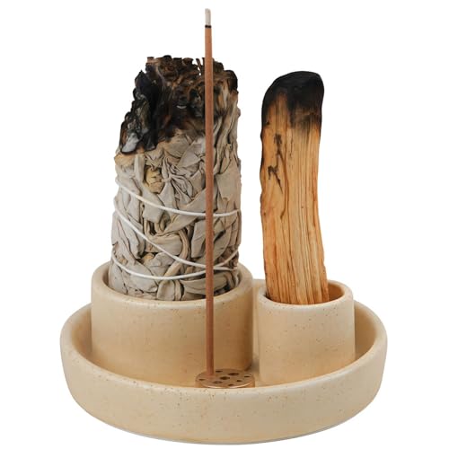 4 in 1 Incense Holder, Ceramic Incense Stick and Palo Santo Holder,Sage Holder for Burning- 4.25" Ceramic Ash Catcher Tray for Meditation and Yoga Room (Sand) Sand