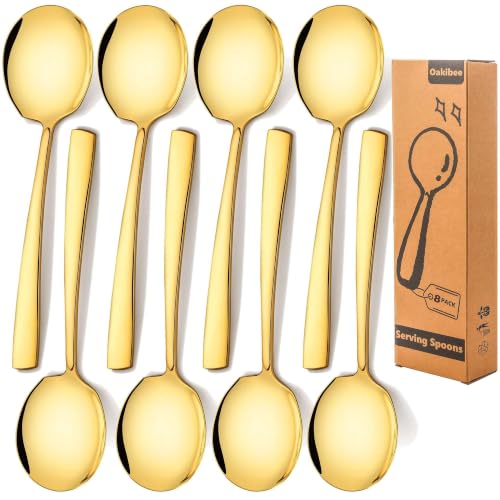 Stainless Steel Serving Spoons Large 9.2-Inch Gold Serving Spoon 8-Piece Big Serving Utensil Set for Buffet, Parties, Catering - Dishwasher Safe(8-Pieces, Gold) Gold, 8 Serving Spoons