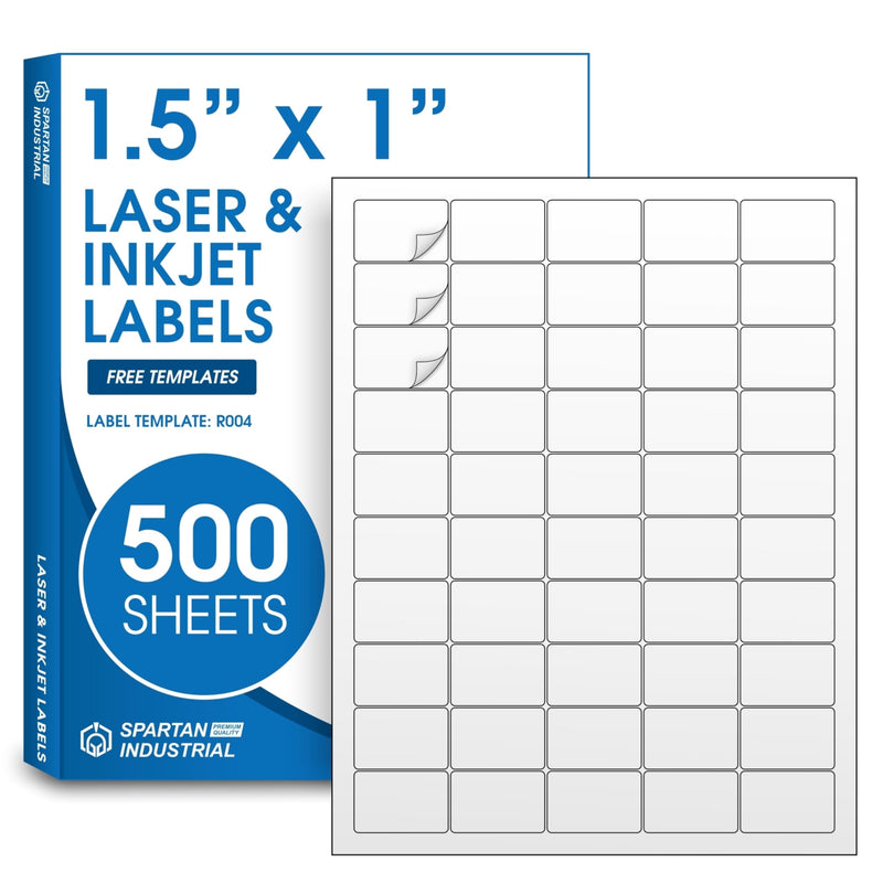 1.5" X 1" Matte White Printable Address Labels (500 Sheets, 25000 Labels) Mailing Labels and Barcode Stickers for Laser & Inkjet Printers - Spartan Industrial Template R004