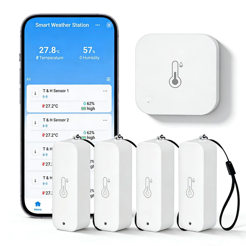 WiFi Hygrometer Thermometer Indoor Outdoor: Smart Temperature and Humidity Sensor with App Notification and Data Storage, 150m Range, Compatible with Alexa, 4 Sensors +1 Base Station 1Base Station+4 Sensors