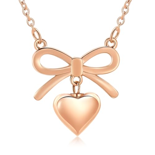 Imrsanl Bow Heart Urn Necklace for Ashes for Women Cremation Jewelry Loved Ones Funeral Memorial Ashes Holder Locket Stainless Steel Keepsake Pendant Rose Gold