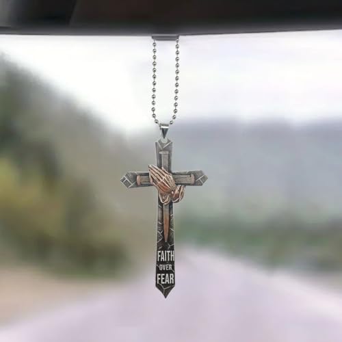 Praying Hands Cross Car Pendant - Faith Over Fear Inspirational Decoration Car Rear View Mirror Charm - 2D Flat Acrylic Religious Cross Vehicle Mirror Hanging Ornament for Women Men (Gold) Gold