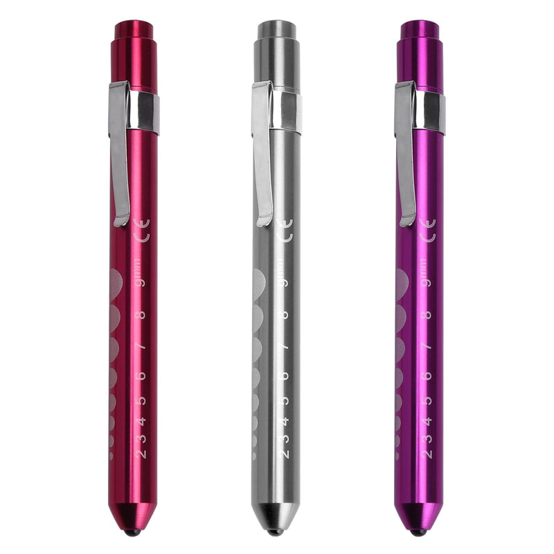 HENGBIRD Pupil Light LED Pen Lamp Set of 3 in Purple, Pink, Silver Penlight Torch Diagnostic Light with Clip and Scale for Eye Examination Emergency Service Accessories Care Accessories