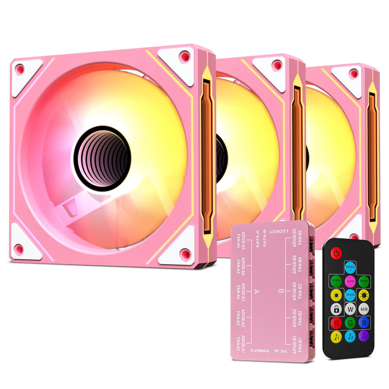 Vetroo Pink LF120 3-Pack Infinite Mirror PC Fan 120 mm ARGB Case Fan with ARGB & PWM Smart Control, FDB Bearing, Controller Included, Nine Blades Design & 8 Rubber Pads for Low-Noise Operation Forward Blade