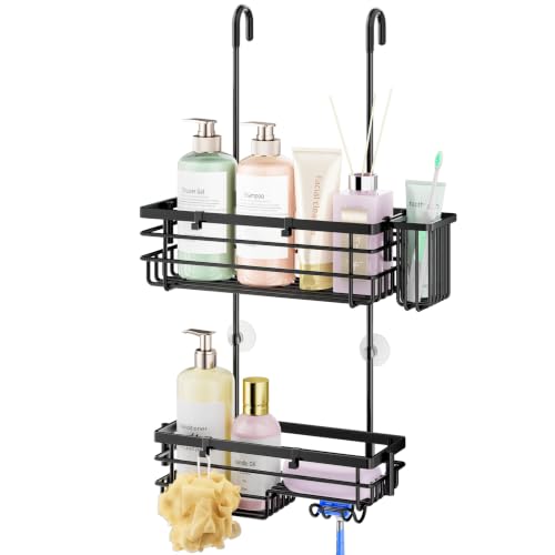 HapiRm Hanging Shower Caddy – For Renters & Small Bathrooms, Fits Shower Curtain Rods, No Drilling, 2 Rustproof 304 Shelves, 4 Hooks, and a Detachable Toothbrush Holder You Can Rinse - Black