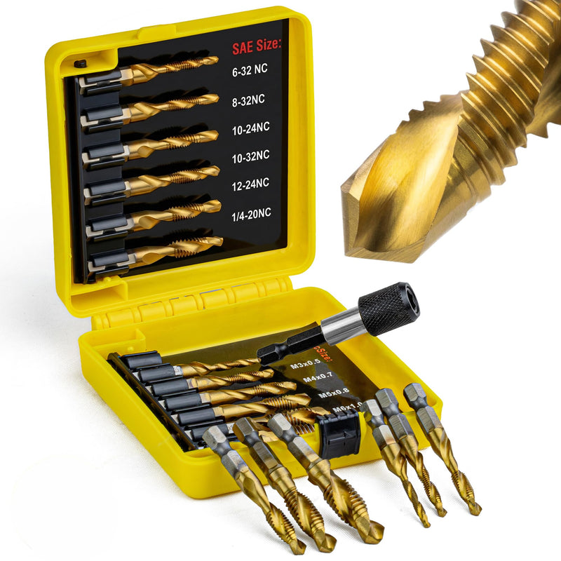 Combination Drill Tap Bit Set, 13-Pcs HSS Titanium-Coated SAE & Metric 3-in-1 Bits for Drilling, Tapping & Countersinking, 1/4" Hex Shank, Quick-Change Adapter, Storage Case for Metal, Wood Drill and Tap Bit Set 13pcs